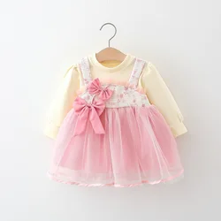 Spring and Autumn Long sleeved Girl's Dress Fake Two piece Girl's Long sleeved Top Splicing Two Butterfly Knots Mesh Strap Dress