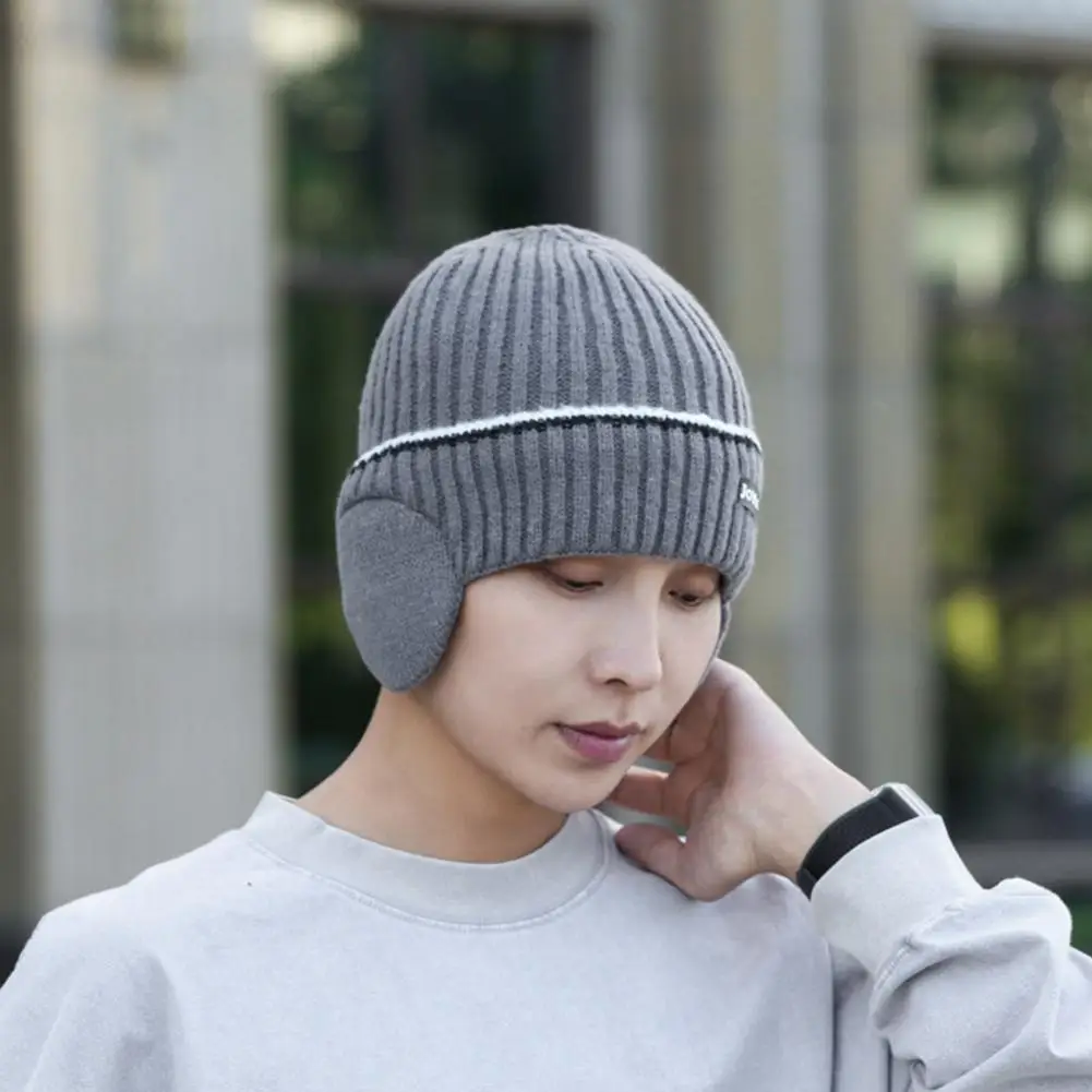 Casual Winter Headwear Men's Winter Knitted Hat with Ear Thickened Beanie for Outdoor Activities Warm for Skiing