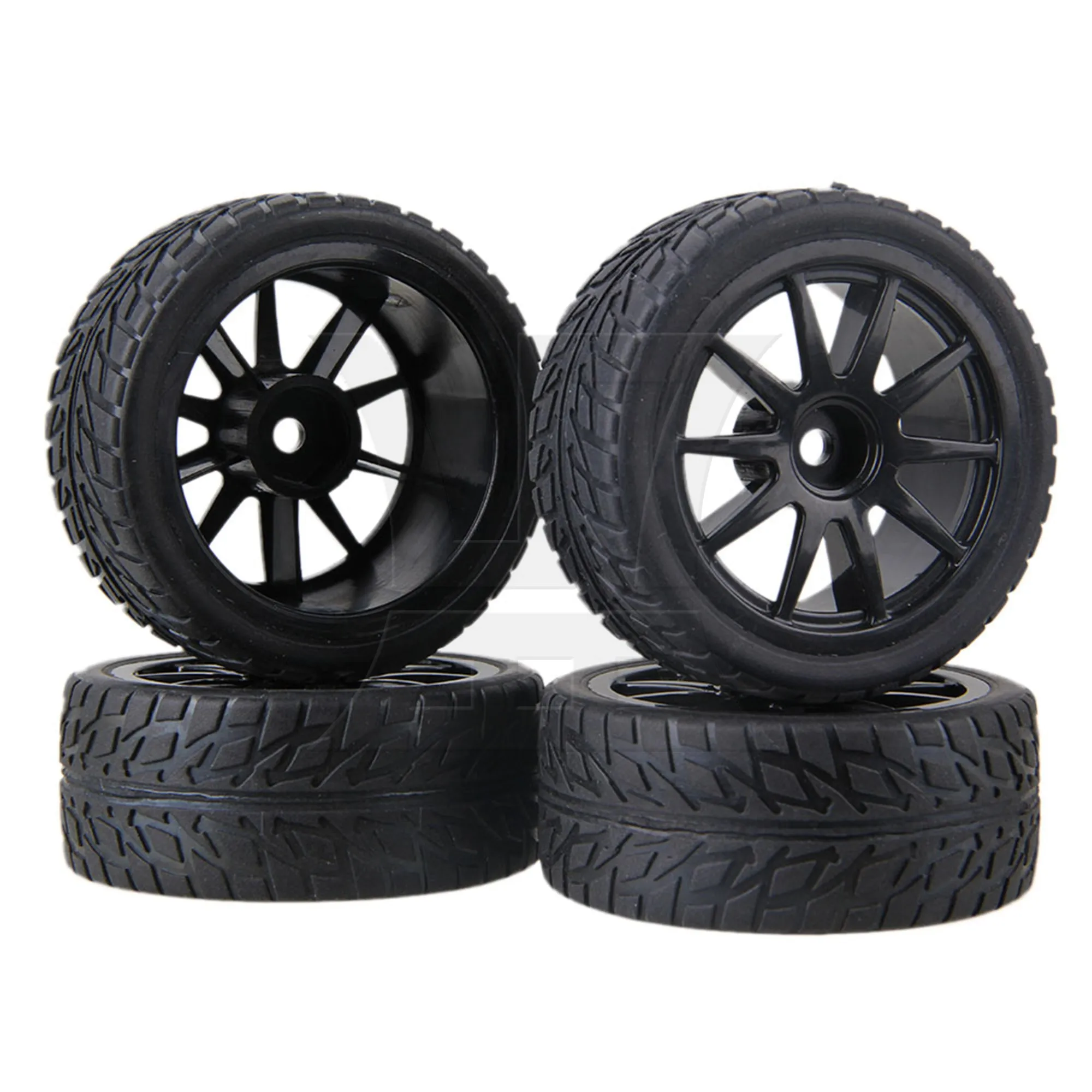 4x Black Plastic 10 Spoke Wheel Rims Flame Rubber Tyre for RC1:10 On-Road Car