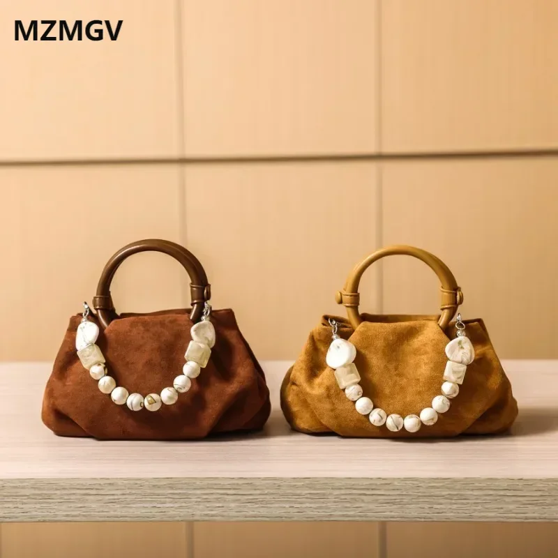 

Autumn Winter Vintage Women's Pleated Suede Handbag Fashion Beaded Chain Cloud Bag Solid Color Simple Commuter Bag High Quality