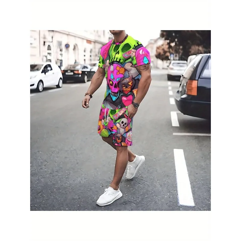 2025 Fashion Round Neck T-shirt Shorts 3D Short Sleeve Fun Printed Polyester Street Leisure Activity Sports Set Comfortable