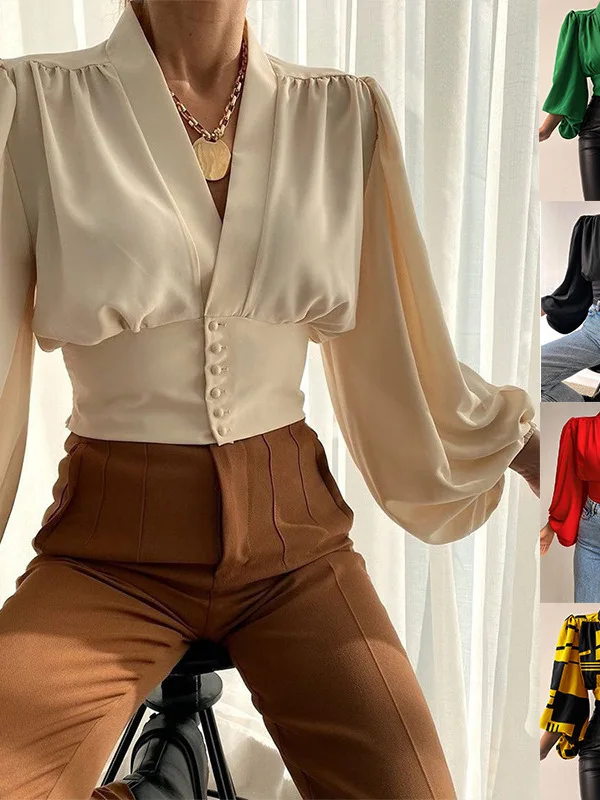 

Ele Button Lantern Sve irt Women's Street Sle Loose Fit Long Sve Thin Polyester Fiber Casual irt