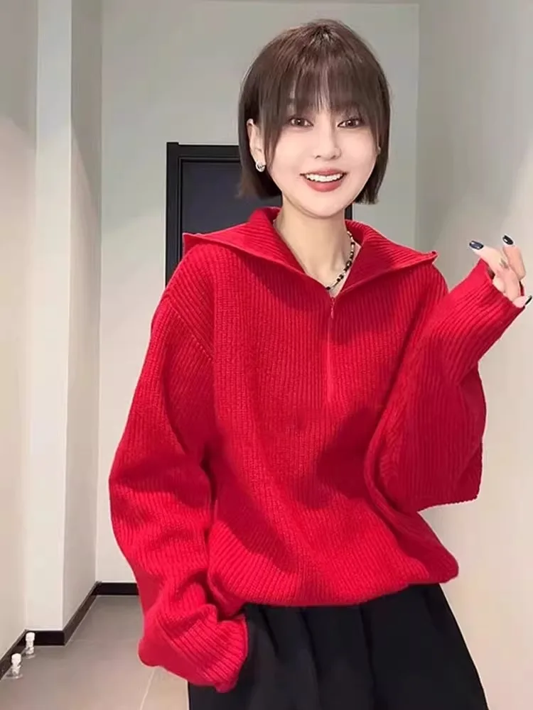 

Red Hooded Knitted Sweater f Zip Slimming Casual Long Sve Overhead Faionable Comfortable Ele Winter Top