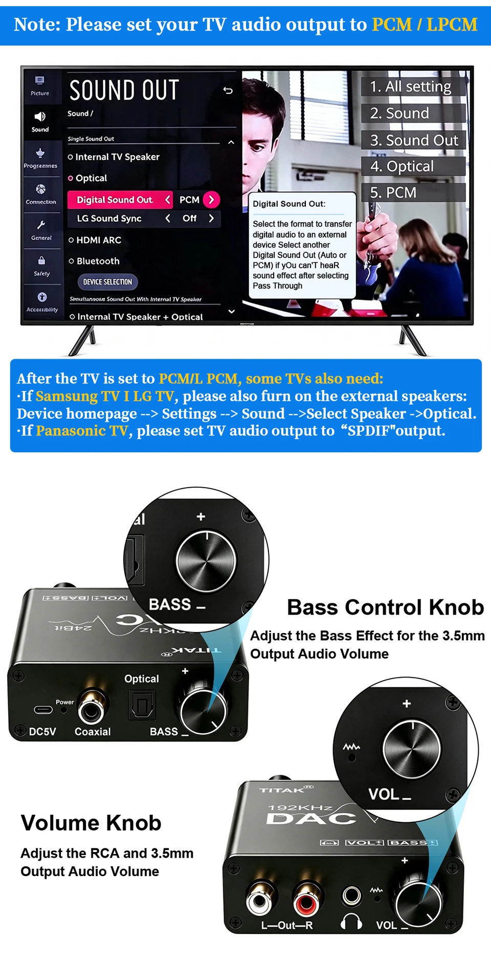 192-kHz-DAC-Digital-Analog-Audio-Konverter, tragbarer Kopfhörerverstärker, Toslink-auf-RCA-Adapter für TV, DVD, PS4, HiFi, USB-Stromversorgung – Detail 6