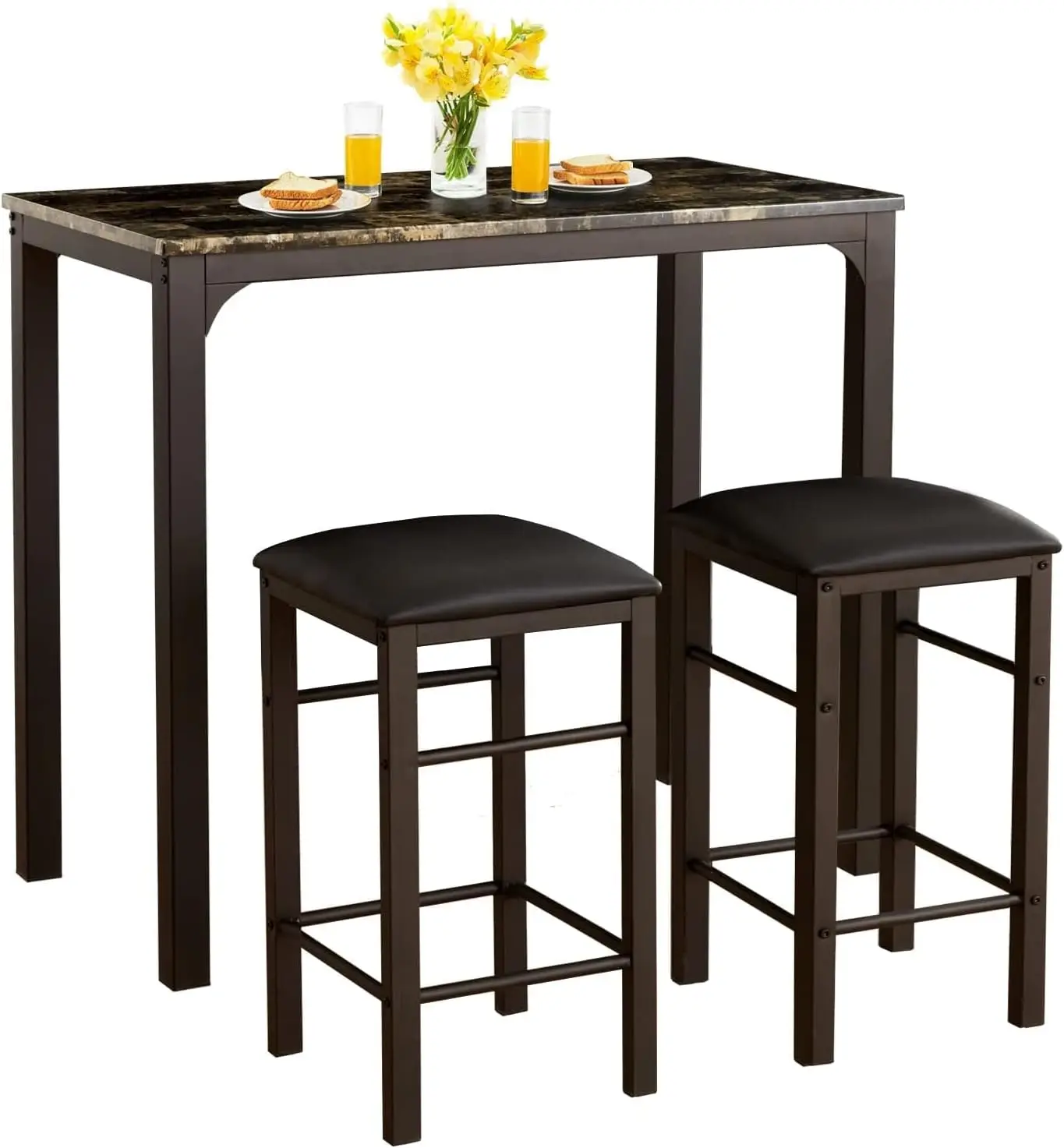 Bar Table Set with 2 Stools, 3 Pieces Rectangular Kitchen Counter with Chairs Height Pub Tabletop for Dining Living Party Room