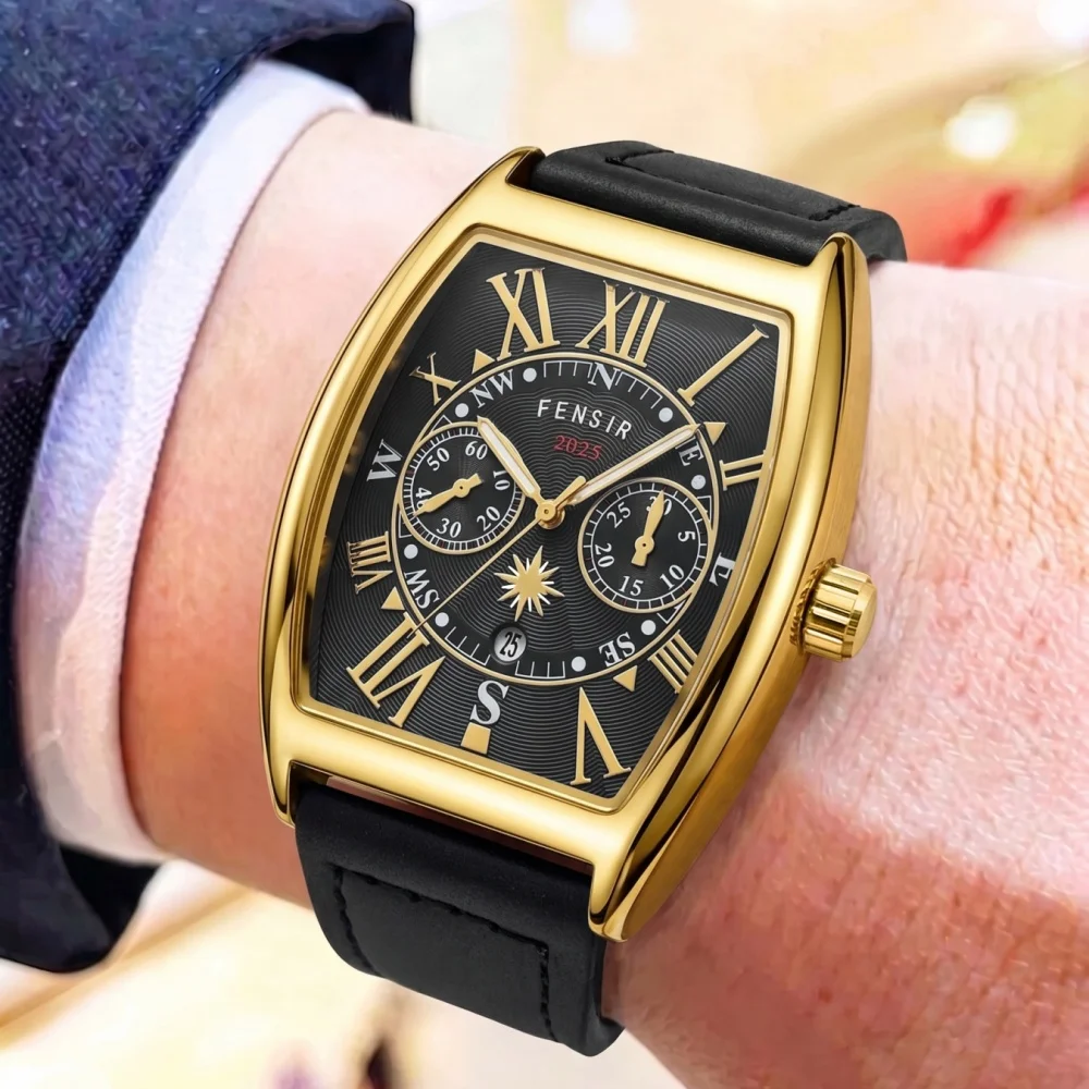 

Men's Light Luxury Barrel-Shaped Quartz Watch, Roman Numerals Leather Strap, with Calendar, Waterproof, Business Casual, Stylish and Trendy Men's Watch, Light Luxury Versatile Formal and Casual Wristwatch, Popular Men's Quartz Watch, Perfect Gift