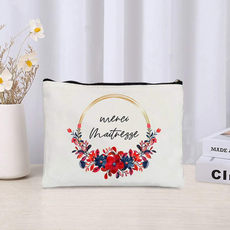 Merci-Estojo cosmético francês com design de aro floral, bolsa de maquiagem com zíper, bolsa portátil de viagem, melhores presentes para professores