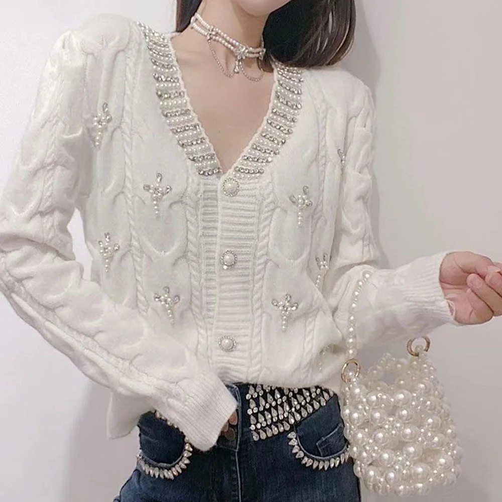 Fashion Luxury Beaded Diamonds Sweater Jacket Women Elegant Knitted Cardigan Coat Knitwear Tops 2024Autumn Winter V-neck Jumpers