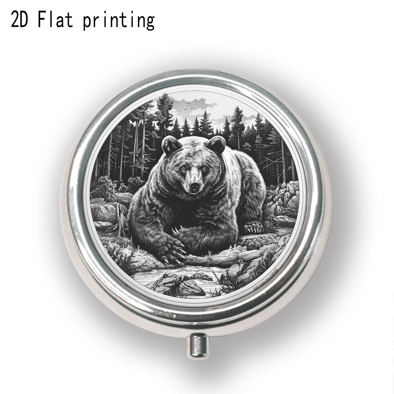 Vintage Black and White Line Drawing Forest Brown Bear Circular Illustration Pattern, Round Three-Compartment Small Medicine Box, Portable Medicine Storage, Small Jewelry Storage, Suitable for Handbags or Travel, Holiday Gifts, Souvenirs, Prizes, Small Gifts, Suitable for Personal Use or as an Exquisite Gift Option