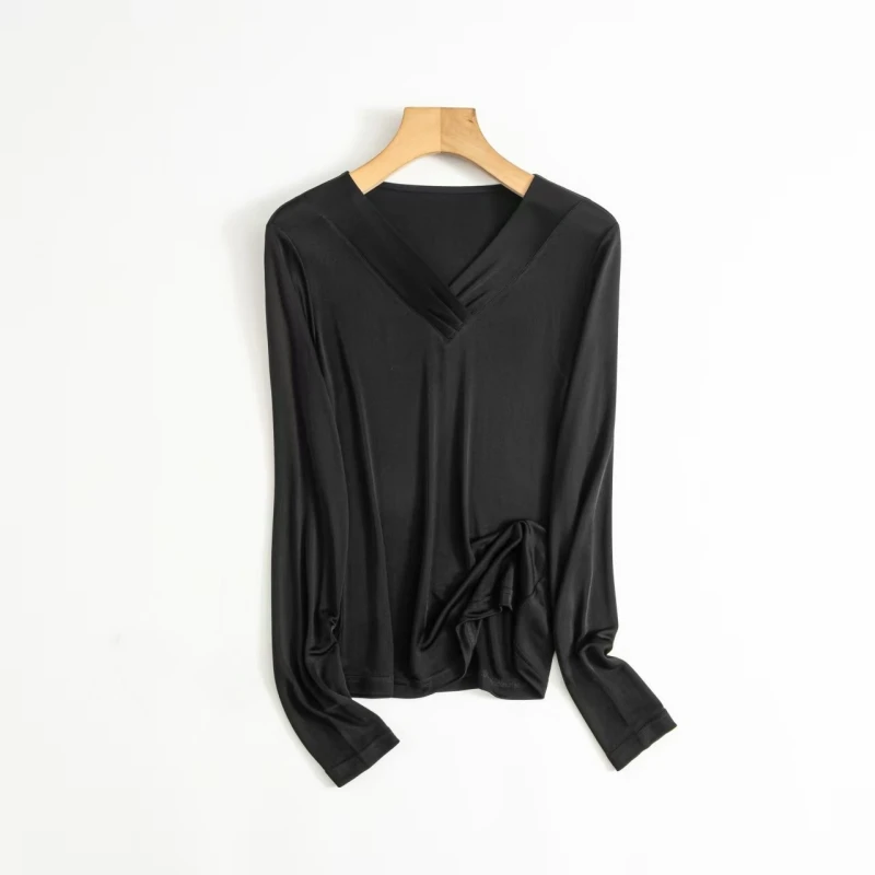 Birdtree, 20% Real Silk Solid Undershirt, Women Full Sleeve V-neck Knitted Loose Tops, 2026 Autumn New Basics Shirt T67419JF
