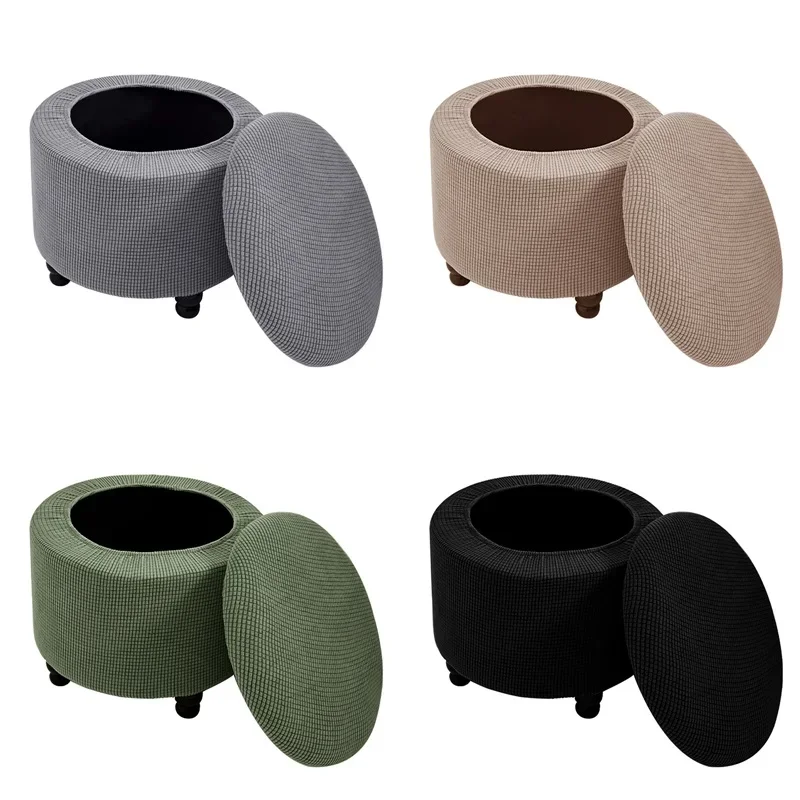 Round Ottoman Stool Cover Stretch Polar Fleece Footstool Covers Washable Living Room Elastic Footrest Slipcover Dust Protector