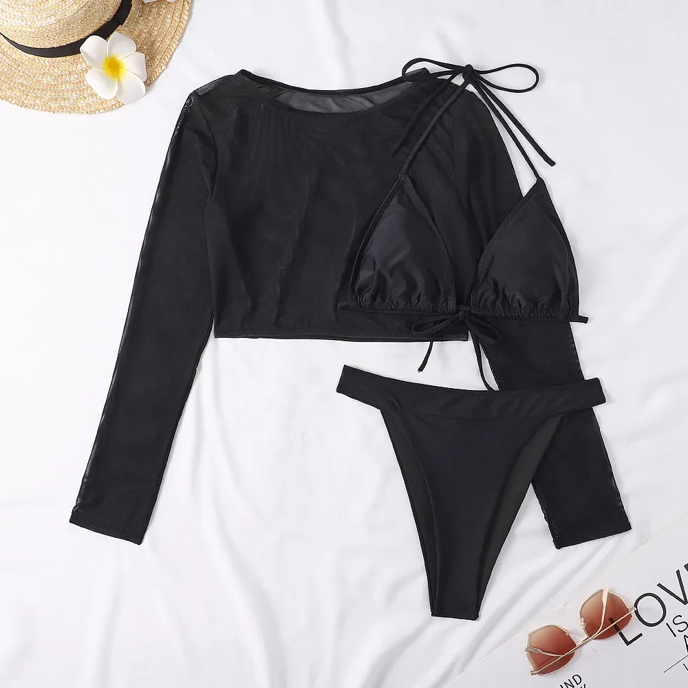 

2024 Новый комплект из 3 предметов, купальник, женские стринги, женский сексуальный комплект микро бикини с длинным рукавом, черная пляжная одежда, купальный костюм