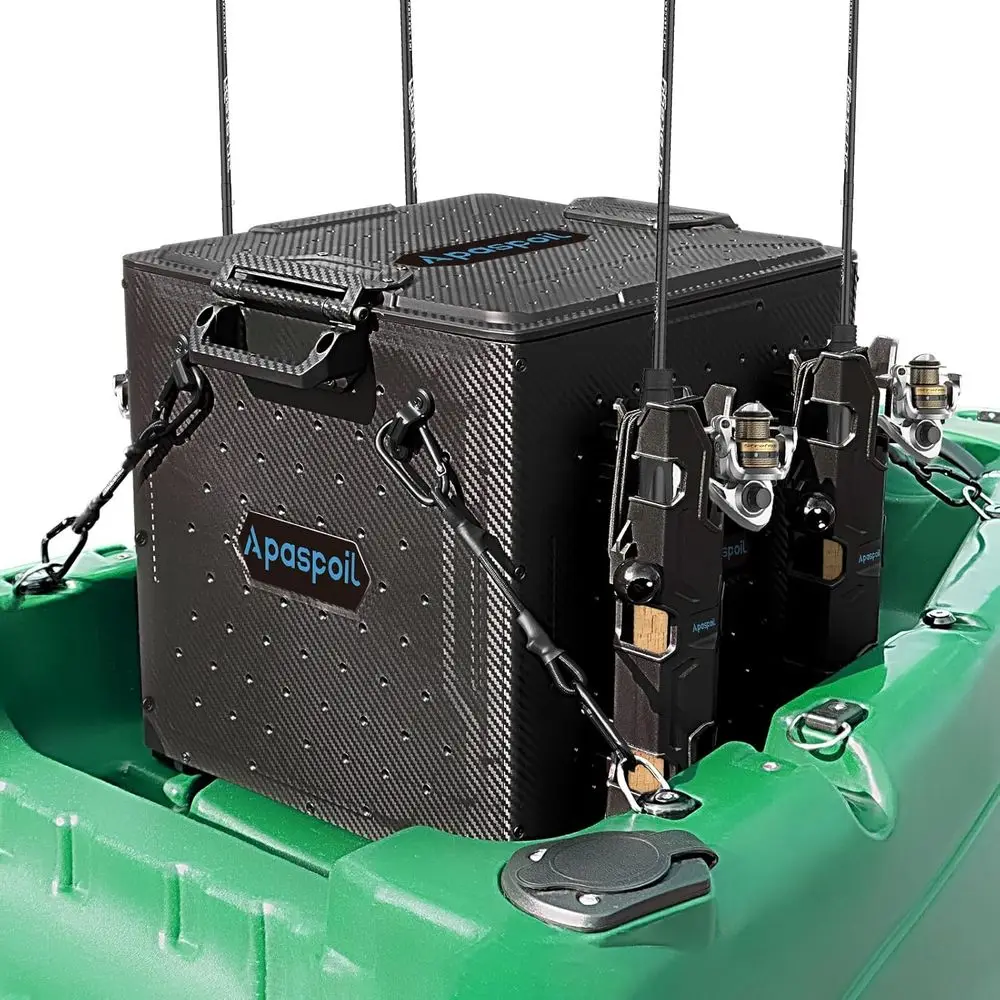 

Compact Fishing Crate with 4 Rod Holders | 13x13 Storage Box & Gear Organizer | Durable Fishing Tackle Storage