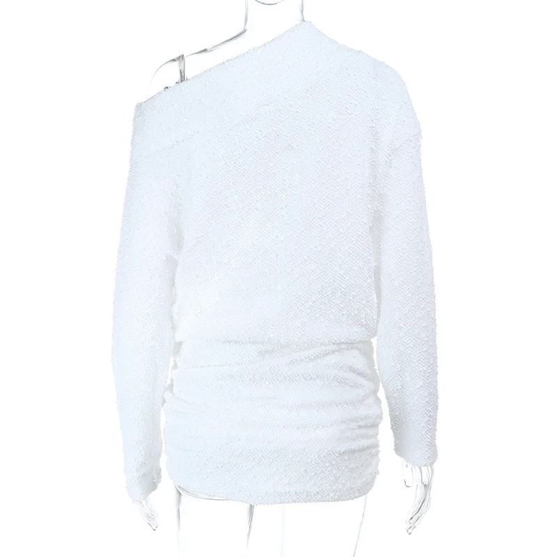 Ticketsx Sexy Slash Neck Ruched Mini Dress New White High Waist Long Sleeve Slim A-Line Dress Fashion High Street Party Clubwear