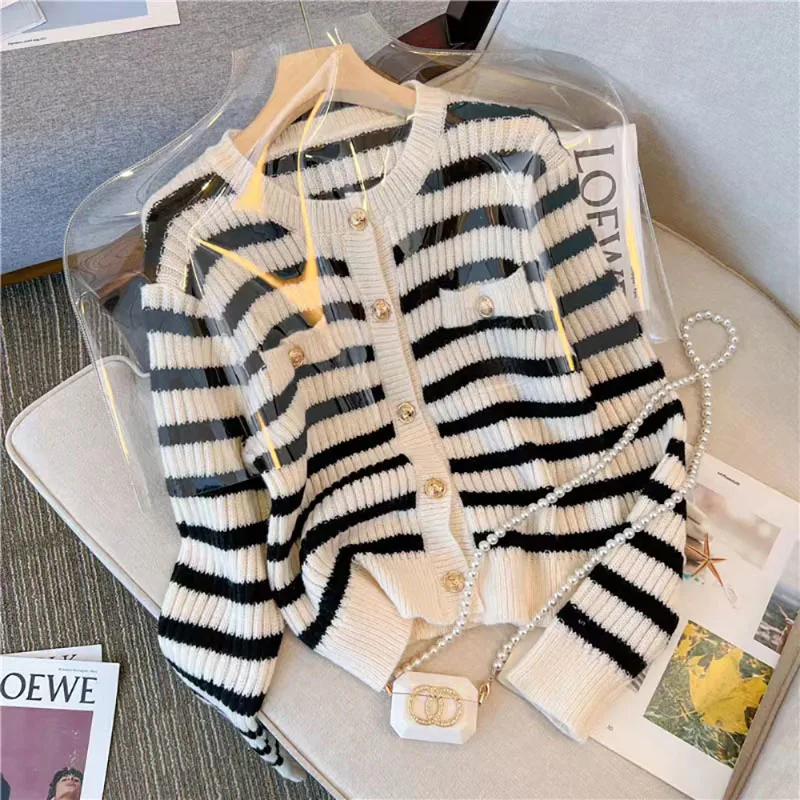 French Elegant Style Contrast Color Striped Knitted Cardigan Coat Spring Autumn New Korean Version Sweater Inside Top Textured