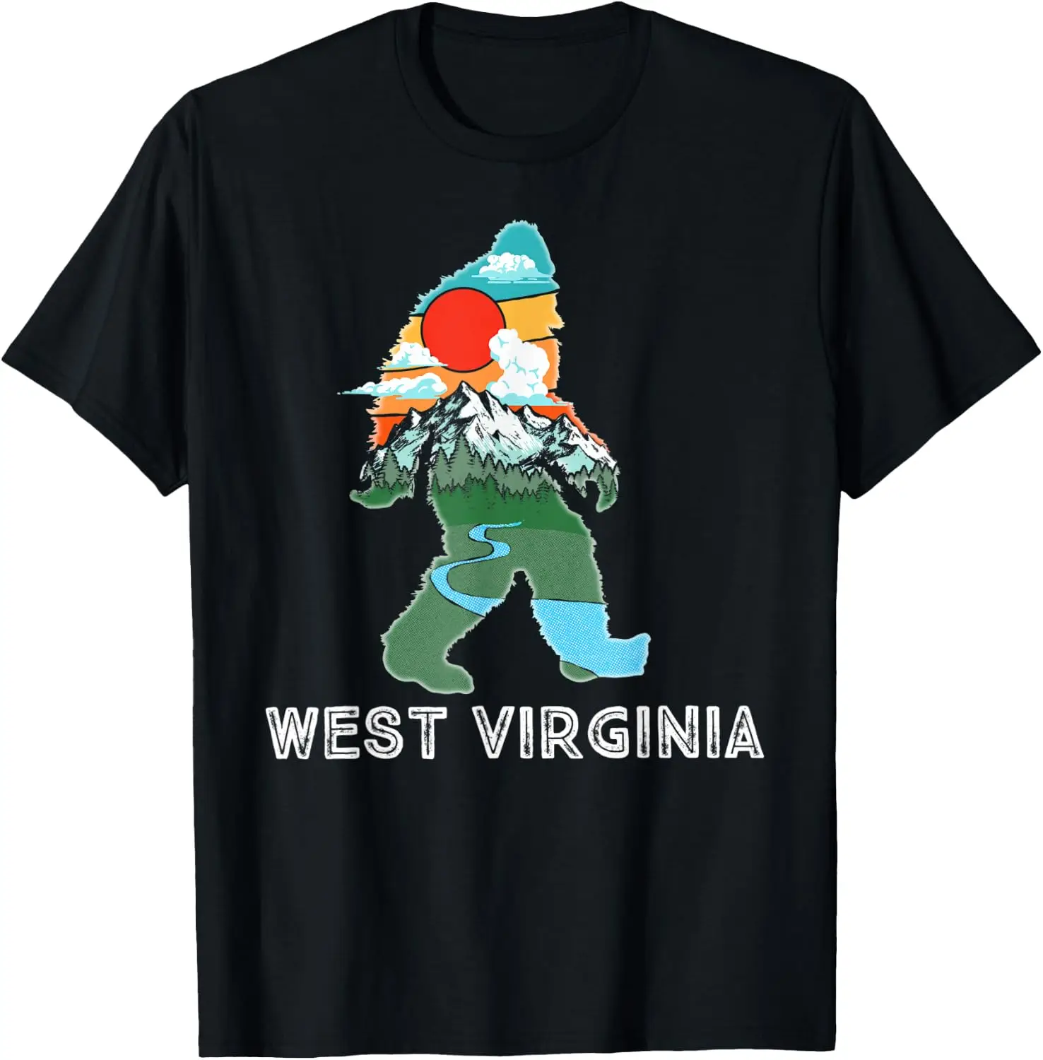 West Virginia Bigfoot Mountains Illustration Retro T-Shirt Tee – Soft, & 100% Cotton Trendy Y2K Short-Sleeve Tee-Soft,