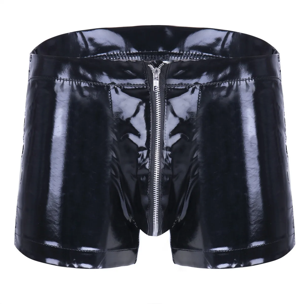 Mens Short Pants PVC Mirror Shiny Leather Boxer Shorts Sexy Zipper Open Leather Shorts for Men