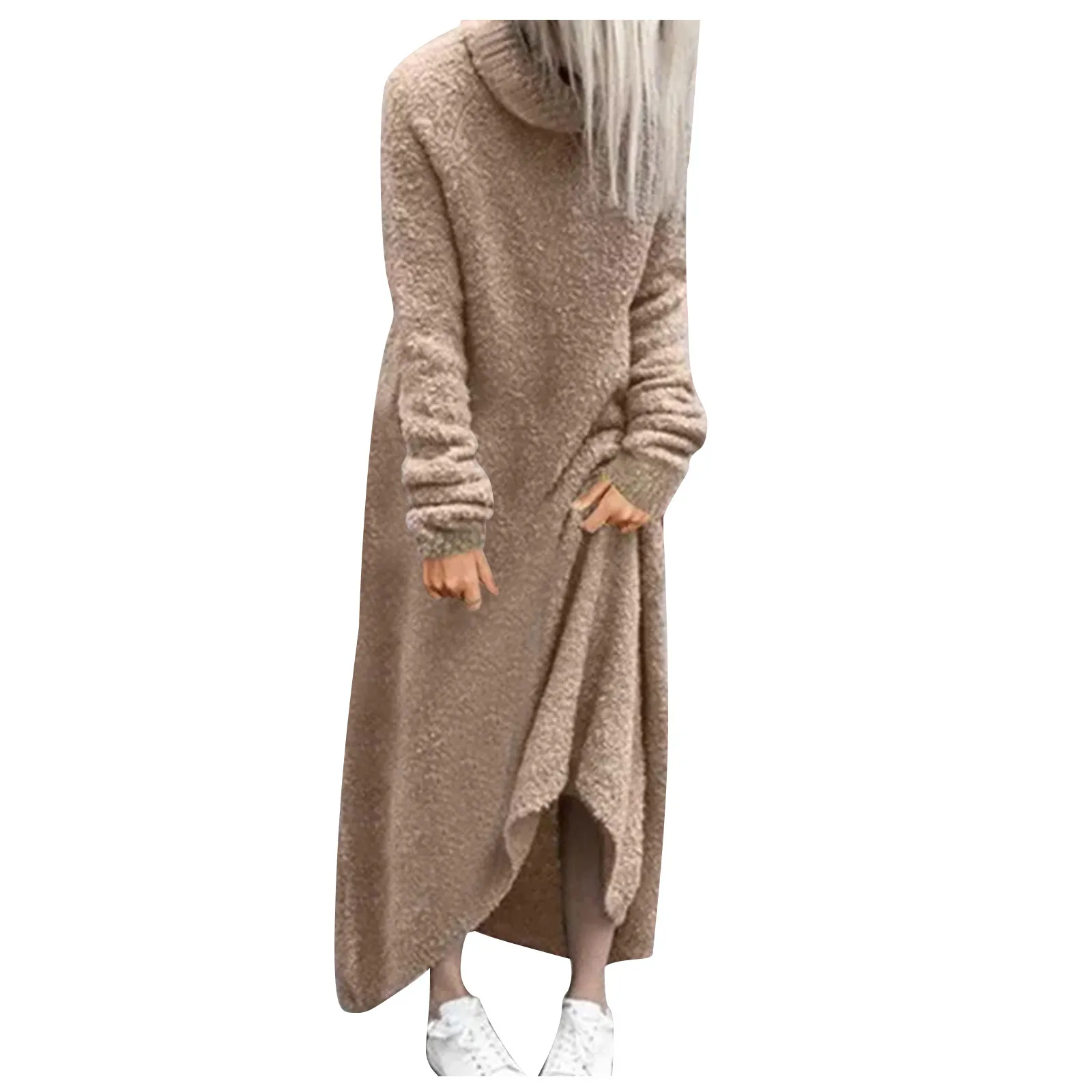 Autumn Winter Oversize Women\'s Knitted Dresses 2023 New High Neck Side Split Loose Long Sleeve Sweater Dress Female