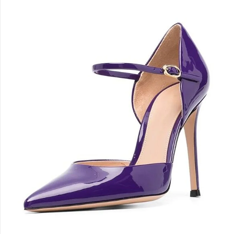 

Ankle Strap Purple Patent Leather Pointed Toe High Heel Pumps 12CM Stiletto High Heels Shallow Banquet Dress Shoes Size 45