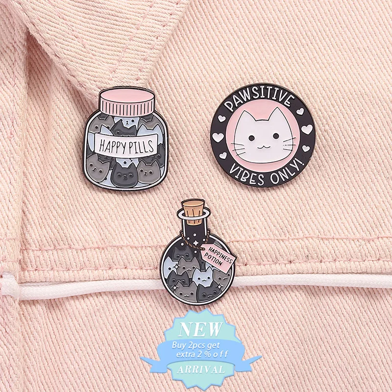 Cute Happy Cat Enamel Pin Happiness Potion Pawsitive Vibes Only Brooch Lapel Badge Jewelry Gift For Pet Lover Friends