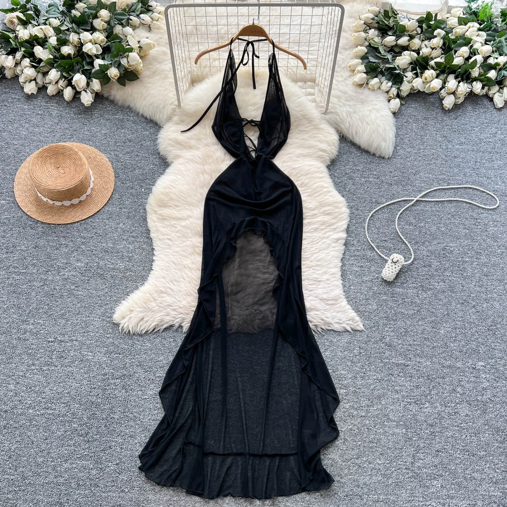 Elegancka sukienka letnia w stylu koreańskim, boho, vintage, z wycięciami, bez rękawów, dopasowana, w stylu wróżki, długa sukienka damska.