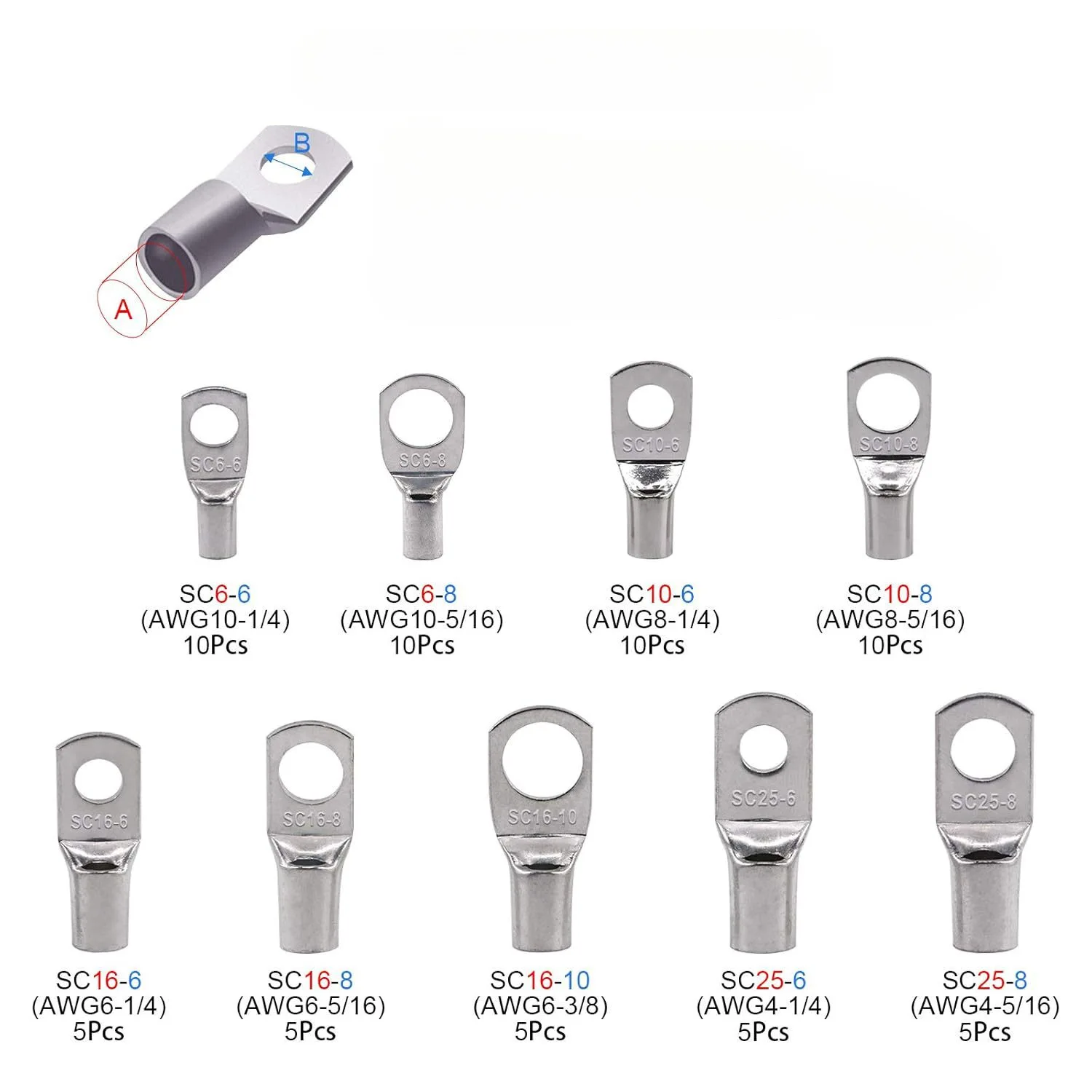65 PCS Box Set SC6-SC25 Heavy duty Wire Lug Battery Cable Tin Copper Hole Tube SC Ring Terminal Connector