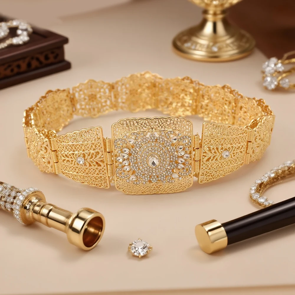 حزام خصر نسائي مغربي مطلي بالذهب تصميم عربي سلسلة مجوهرات لمهرجان الزفاف إكسسوارات أزياء مخصصة #1