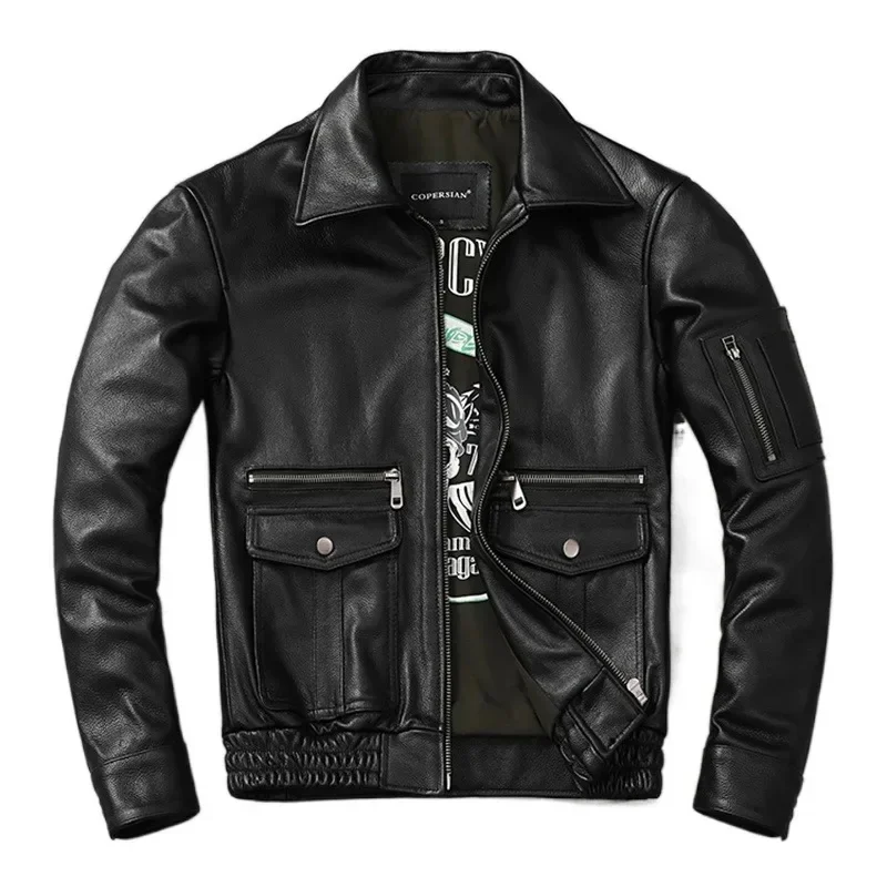 New Fashion Genuine Leather Cowhide Lapel Flight Suit Style Multi-pockets Men Jacket Aviator Jackets Autumn