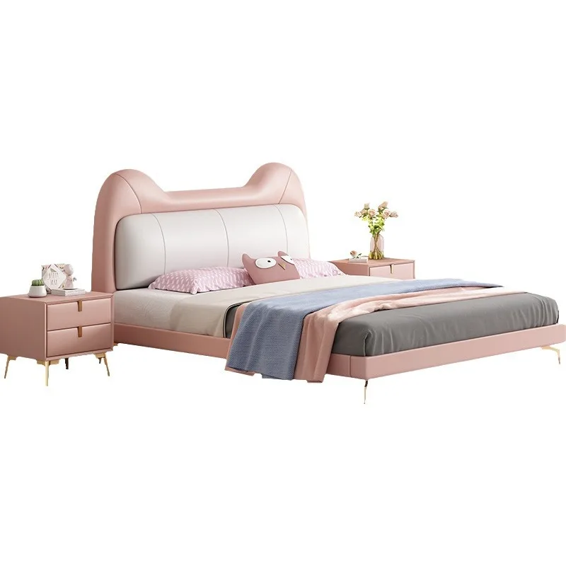 

Minimalist children's bed girl princess bed leather pink single Nordic light luxury 1.2 meters 1.5 meters soft bag