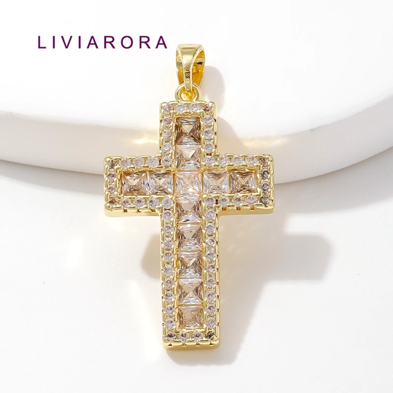1/2 unidades de colgante con forma de cruz de latón chapado en oro de 18 quilates para la elaboración de joyas, dijes religiosos con forma de cruz y circonitas cúbicas cuadradas para la creación de collares.