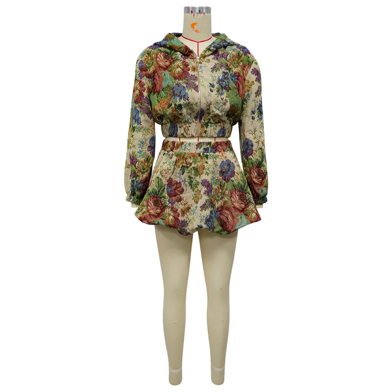 Retro Floral Jacquard Women Two Piece Outfits 2026 Trend Fashion  Zip-Up Long Sleeve Hooded Crop Jacket and Mini Bud Skirts Sets