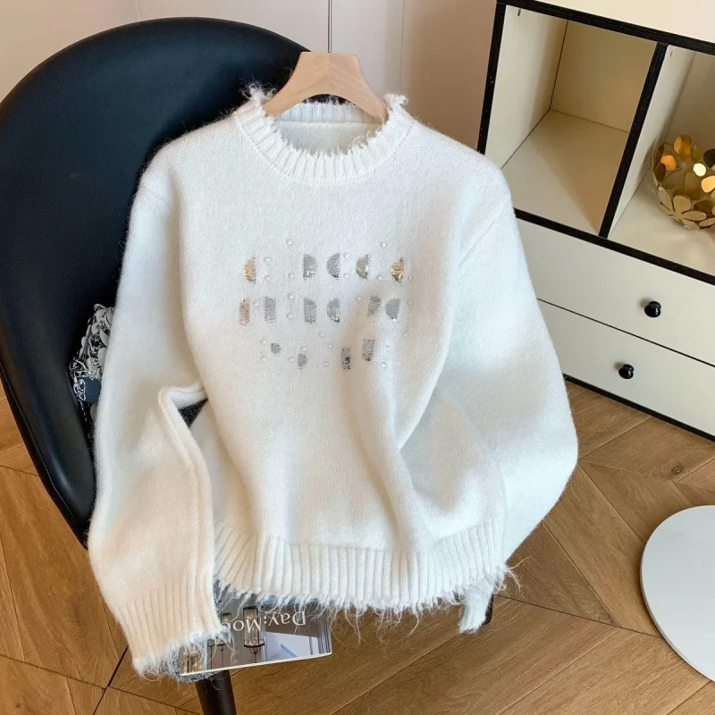

Пуловер во французском стиле с круглым вырезом и блестками, дизайн, свитер 2026, женская мода, темпераментный трикотаж с длинными рукавами и бисером, свободные топы