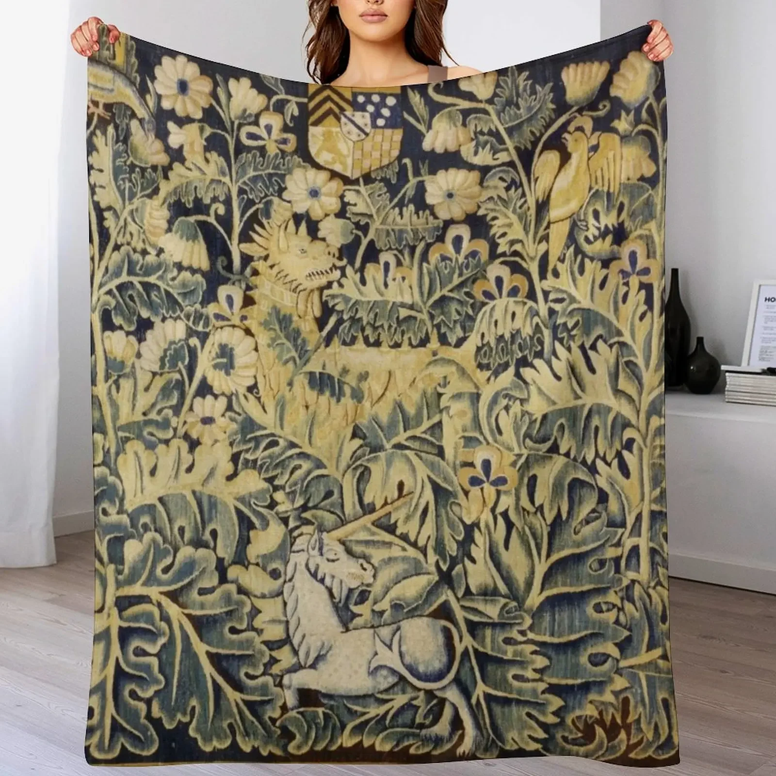 

UNICORN, DRAGON ,BIRDS,ANIMALS AMONG CABBAGE LEAVES ANTIQUE GREEN FLORAL TAPESTRY Throw Blanket Flannel Fabric Blankets