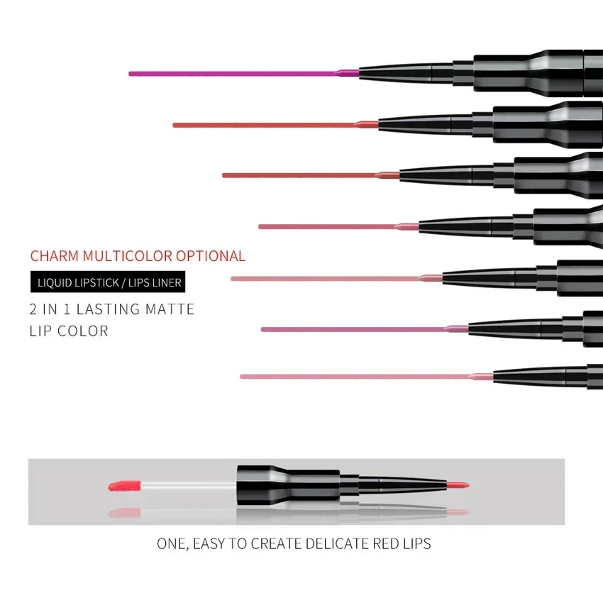 قلم ملمع شفاه مزدوج الأطراف غير لامع ، أحمر شفاه سائل ، مكياج ، محدد شفاه ، كوري ، 2 في 1