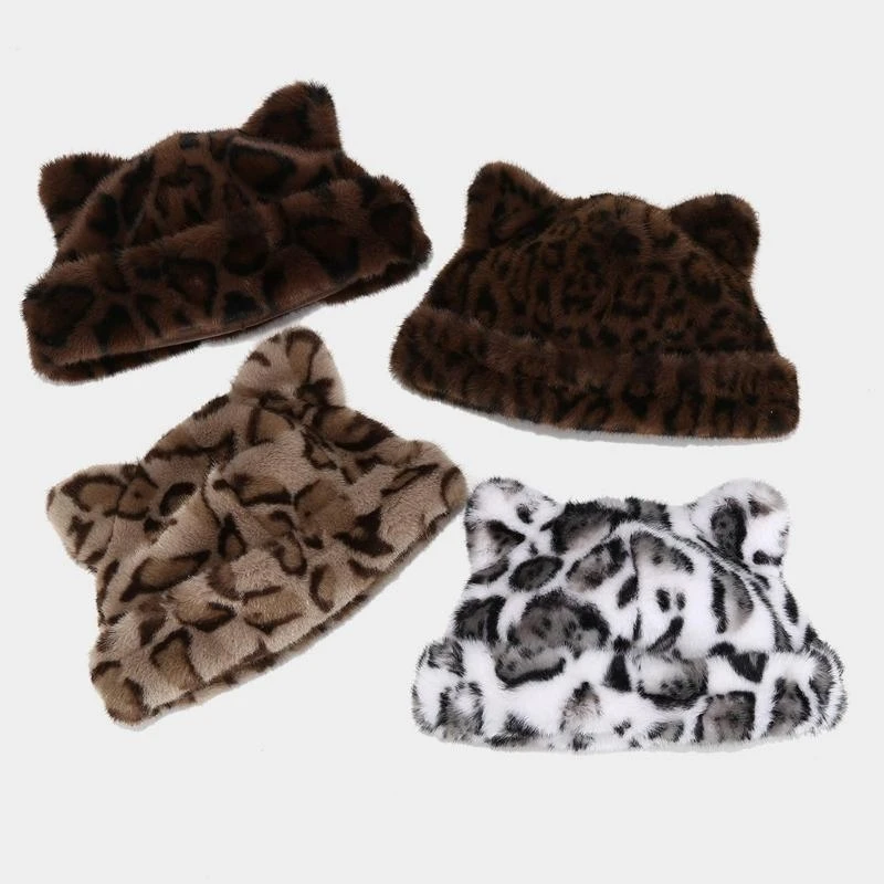

Q39C Trendy Leopard Pattern Headwear with Ear for Hiking Camping Furry Caps Leopard Novelty Hat for Outdoor Sports and Casual