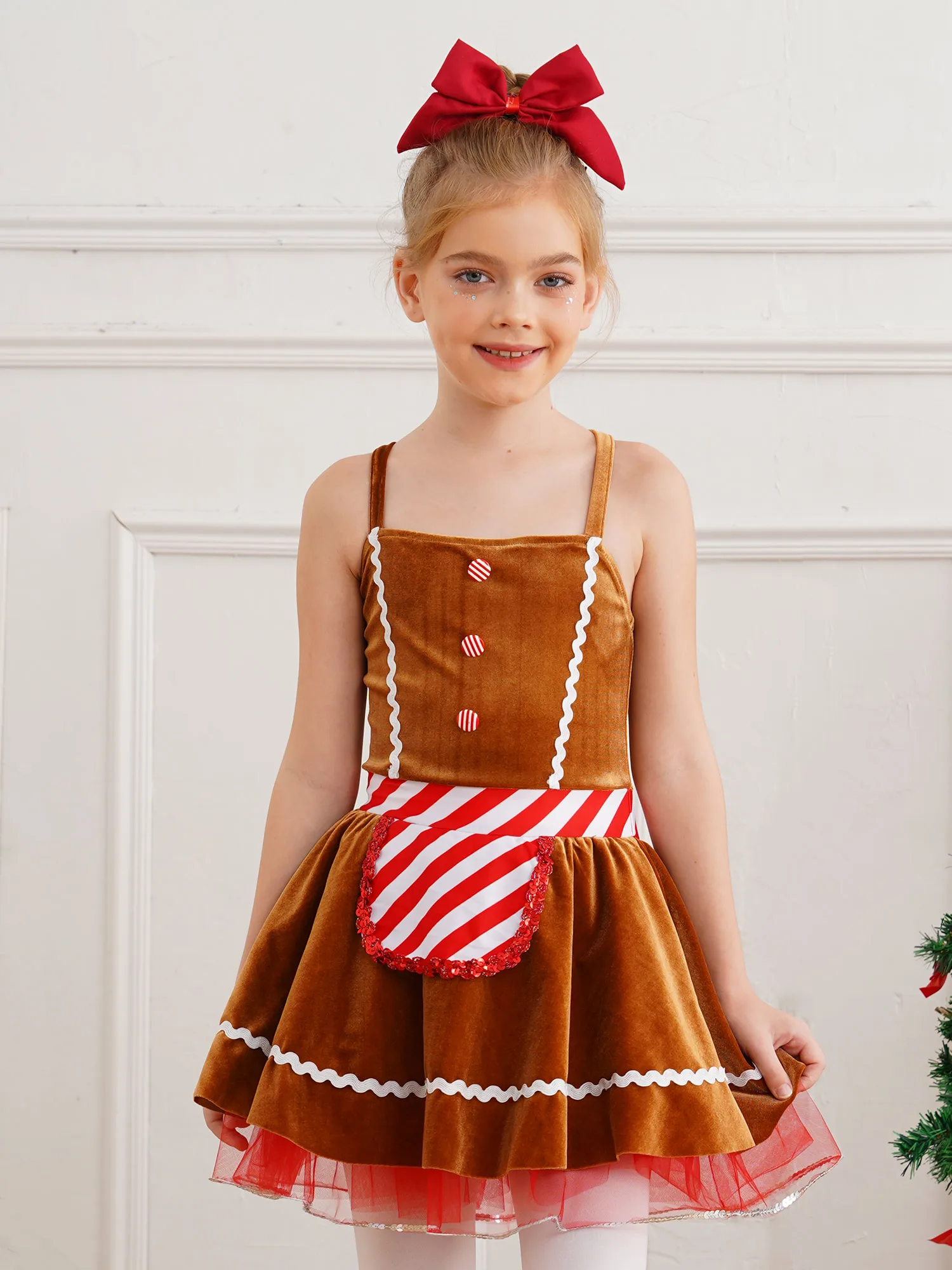 

Girls Christmas Gingerbread Man Costumes Figure Skating Dancewear Leotard Tutu Dance Tulle Dress Xmas Party Role Play Dress Up