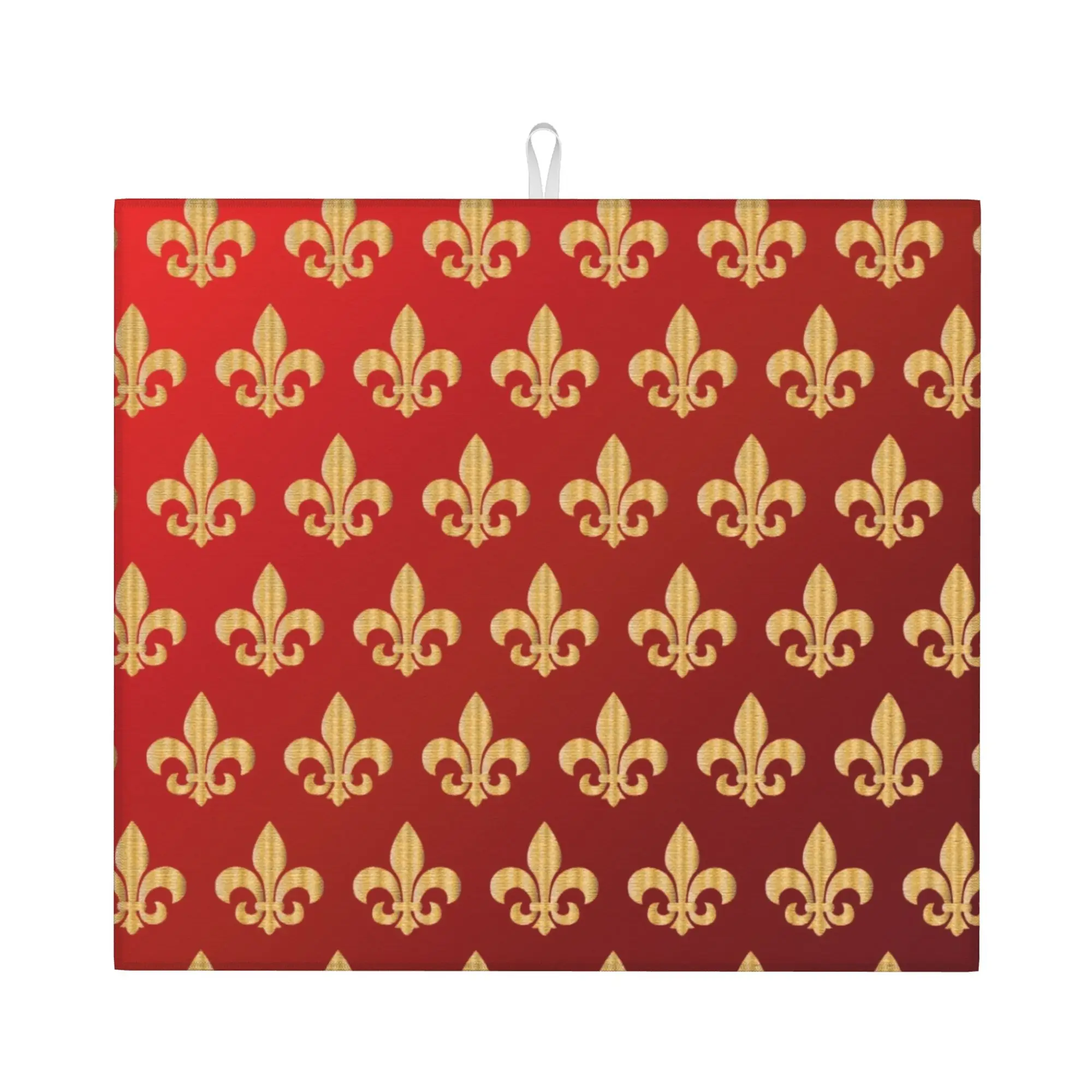 Red and Gold Fleur-De-Lys Non‑Slip Waterproof Absorbent Barware Tableware Oil Proof Fleur De Lis Lily Floral Mat For Kitchen