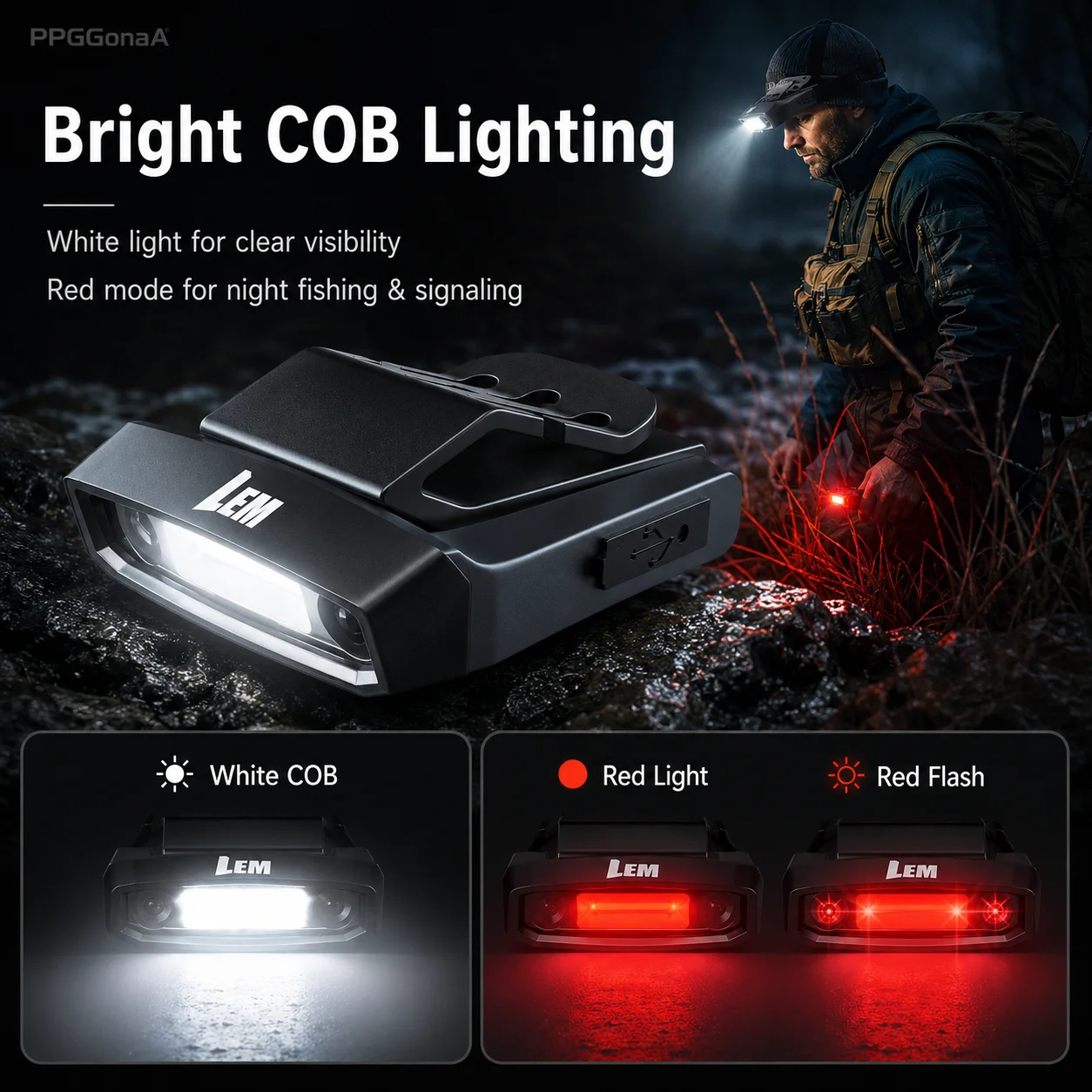

Rechargeable LED Headlamp Clip Light, Motion Sensor Cap Lamp, 800mAh USB Type-C Head Light for Night Fishing Camping Hiking