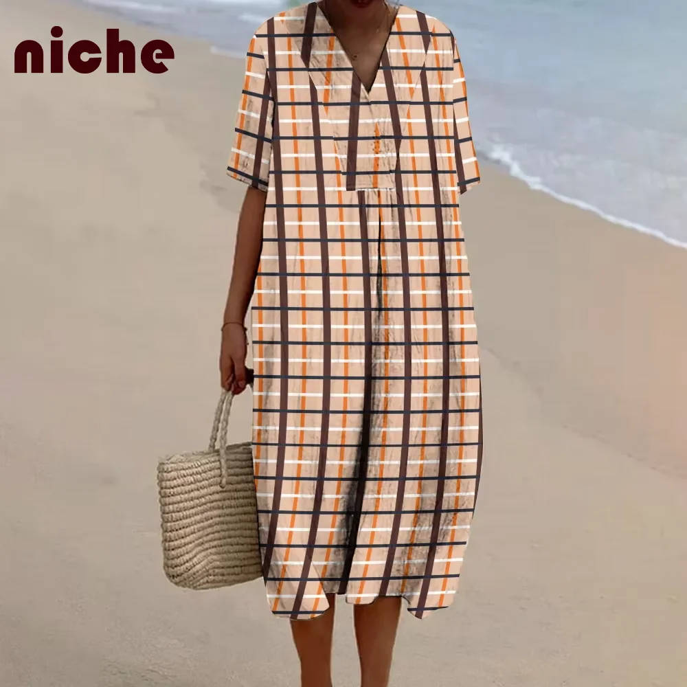 

Simple Women's Dress Chic Lines Striped Plaid Graphic Printing High Quality Fabric Fashion Trend New Beach Skirt