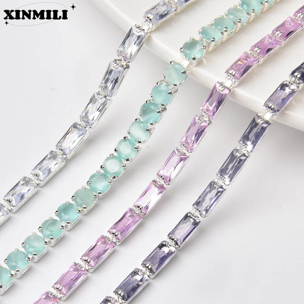 1 Meter Glitter Rhinestone Trim Pink Opal Green Zircon Rectangle Round Crystal Chain for Nail Art Clothing Jewelry Accessories