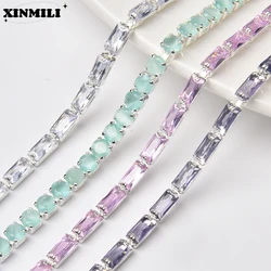 1 Meter Glitter Rhinestone Trim Pink Opal Green Zircon Rectangle Round Crystal Chain for Nail Art Clothing Jewelry Accessories