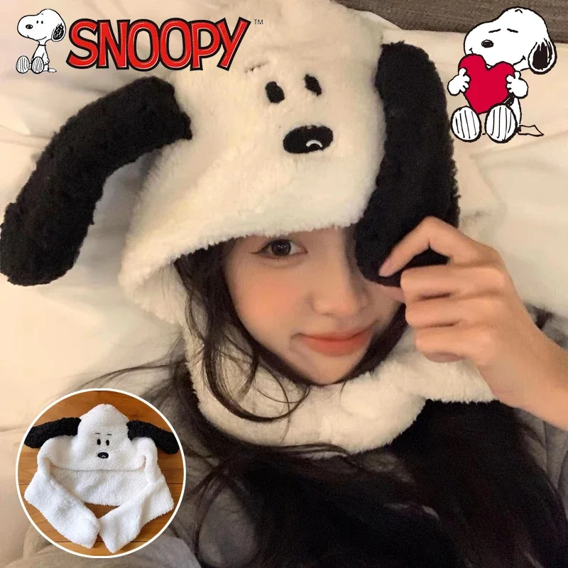Snoopy Kawaii Pluszowa czapka Kobiety Dziewczyny Zimowe jesienne nakrycia głowy Peryferyjne Śliczne Kreatywne Pluszowe Szaliki Moda Wełniana czapka na uszy Szalik Prezent