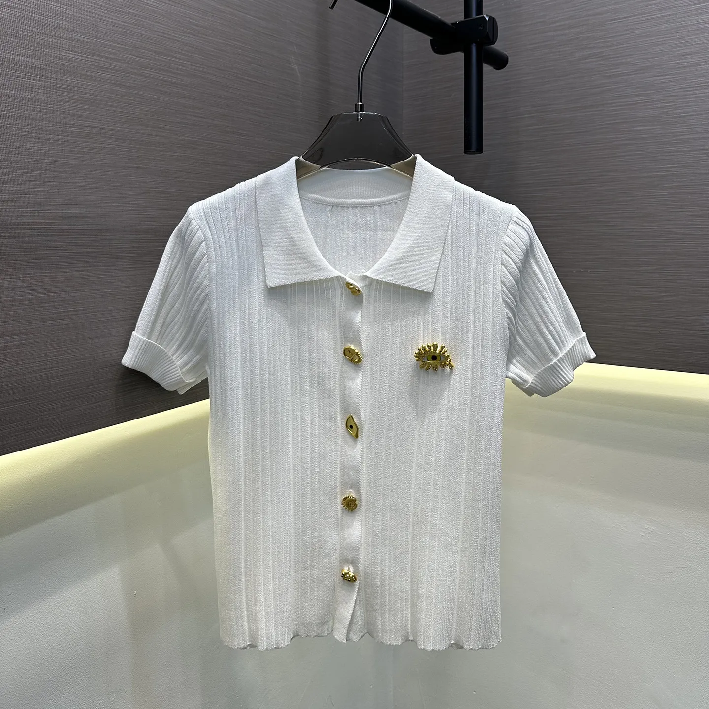 High Street Tees Tshirt Tops Women's Metal Eye Decor White Vertical Striped Knit Short Sleeve Cardigan T-shirt Top