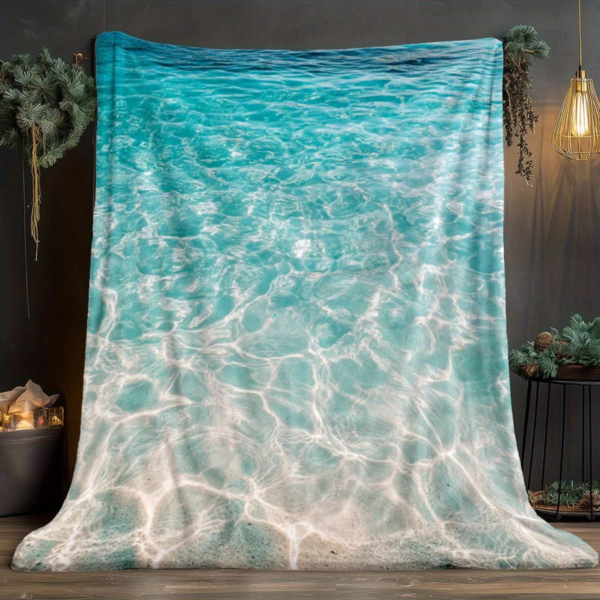 1pc Tropical Ocean Waves Throw Blanket - Turquoise & Sandy Beach Design, Lightweight Flannel All-Season Soft Warm Blanket for Co