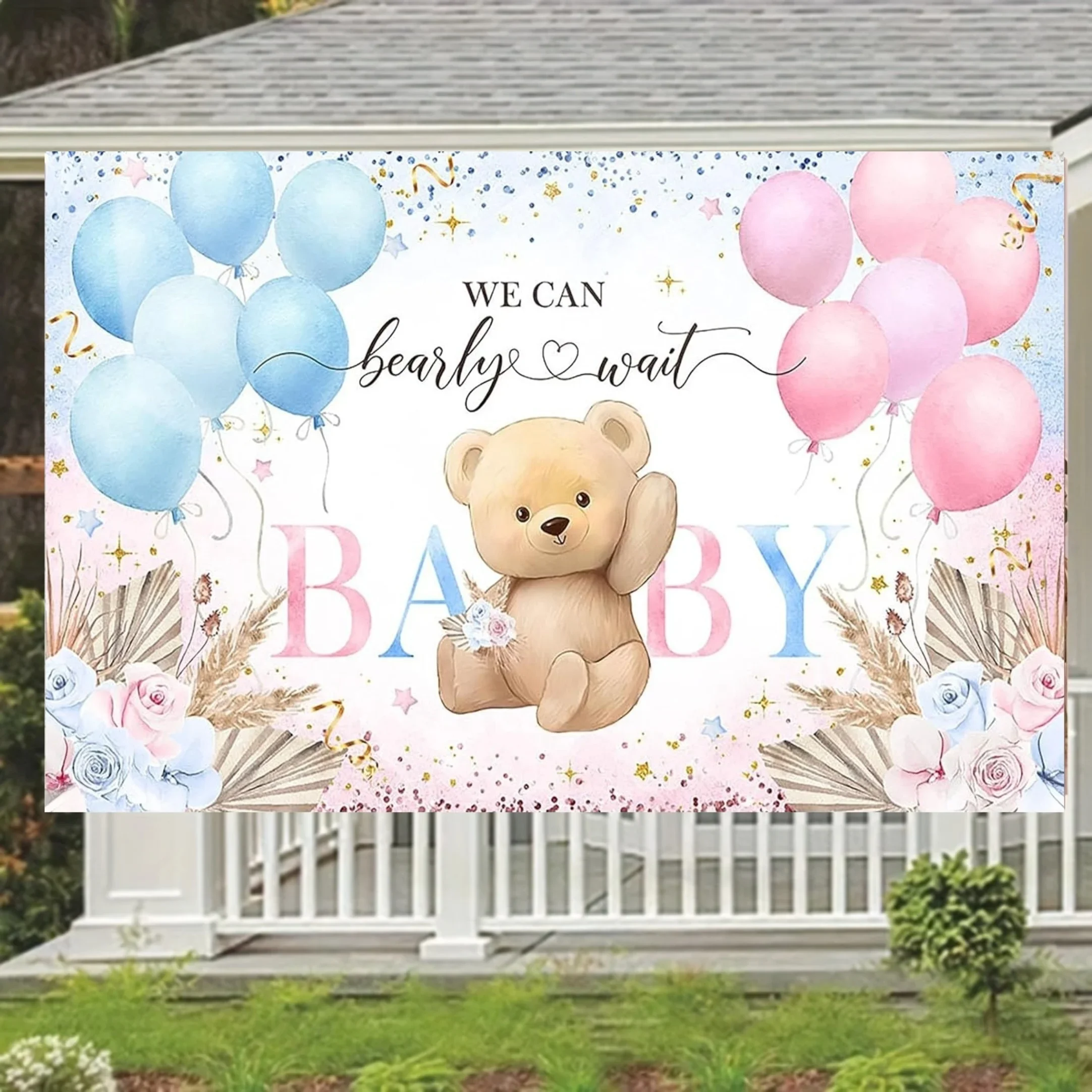 Bohemian Wind Bear with floral gender reveal banner suitable for birthday and shower party decorations without power supply