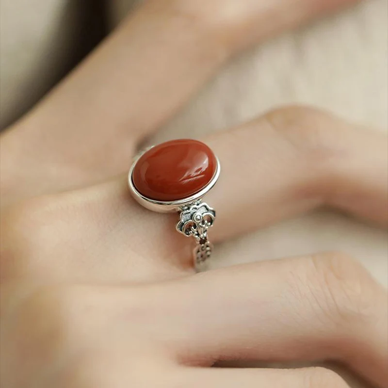 Retro Female Ring Red Oval Rings Adjustable Personalized Temperament Fashion Thai Silver Finger Jewelry KOFSAC