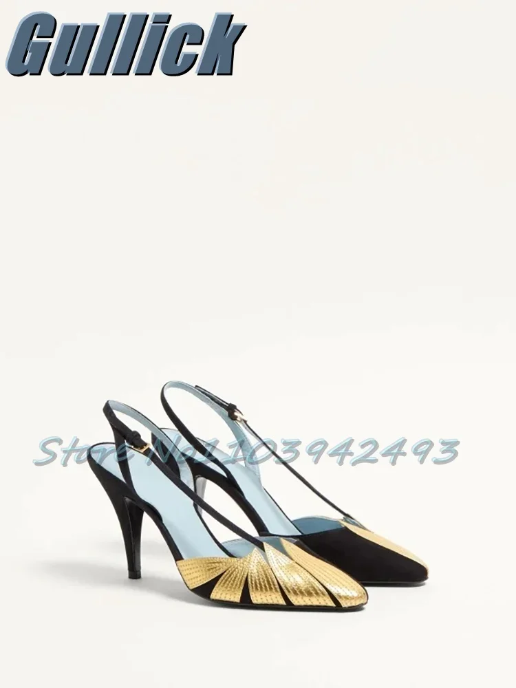 

Golden Leaves Heeled Sandals Patchwork Heels Patchwork Women Designer Luxury Shoes Summer Shallow Slingback Sandalias De Mujer