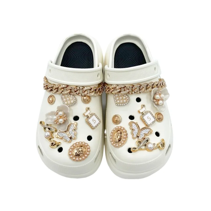 18 قطعة مجموعة سحر الأحذية الفاخرة الملحقات ثقب إبزيم الحذاء الرجعية حجر الراين فراشة الذهب سلسلة DIY بها بنفسك الأحذية زينة الفتيات هدية