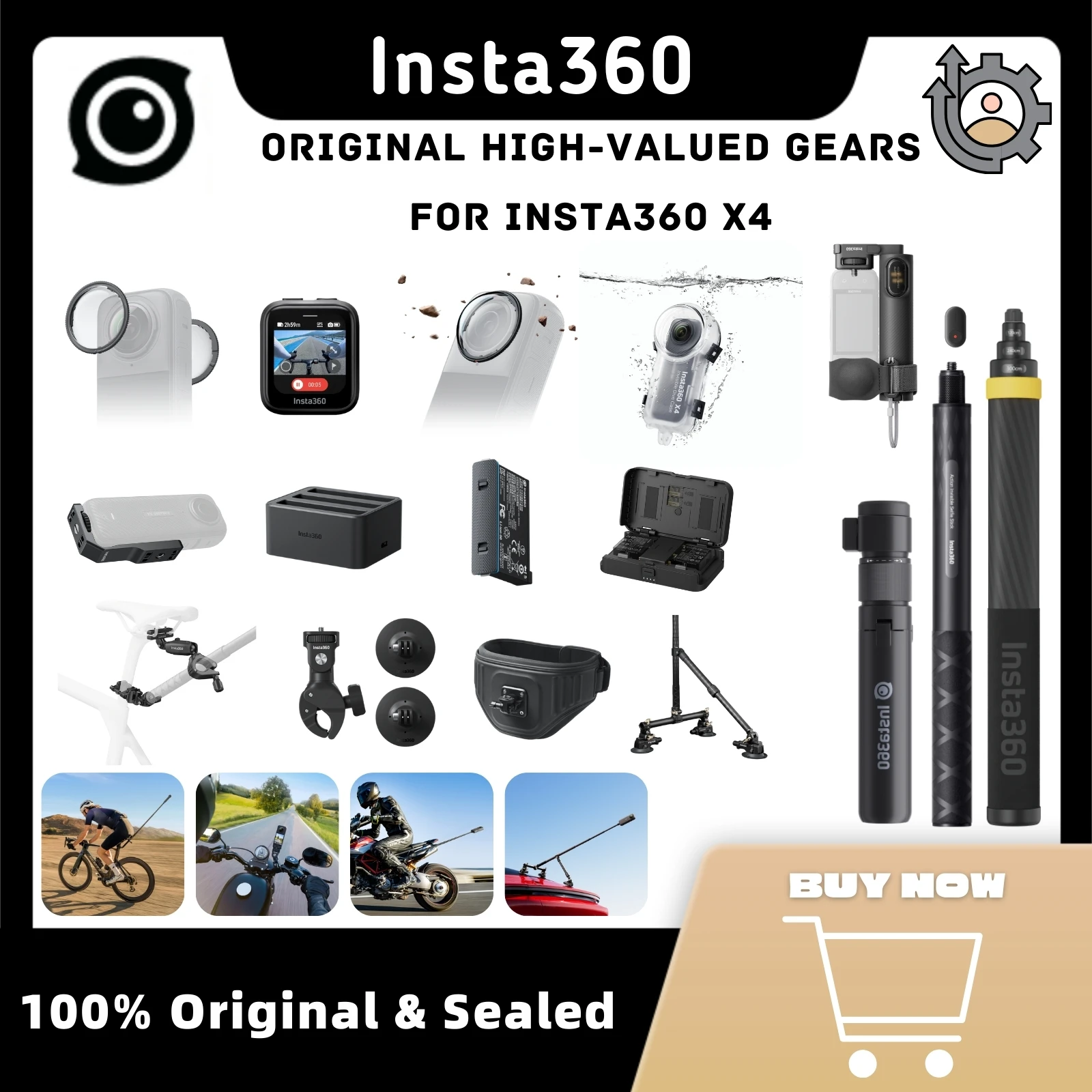 Moto Mounts สําหรับ Insta 360 X4 คอลเลกชันอุปกรณ์เสริมพรีเมี่ยมเลนส์ GPS REMOTE Action Selfie Stick Triple ดูดถ้วยรถชุด