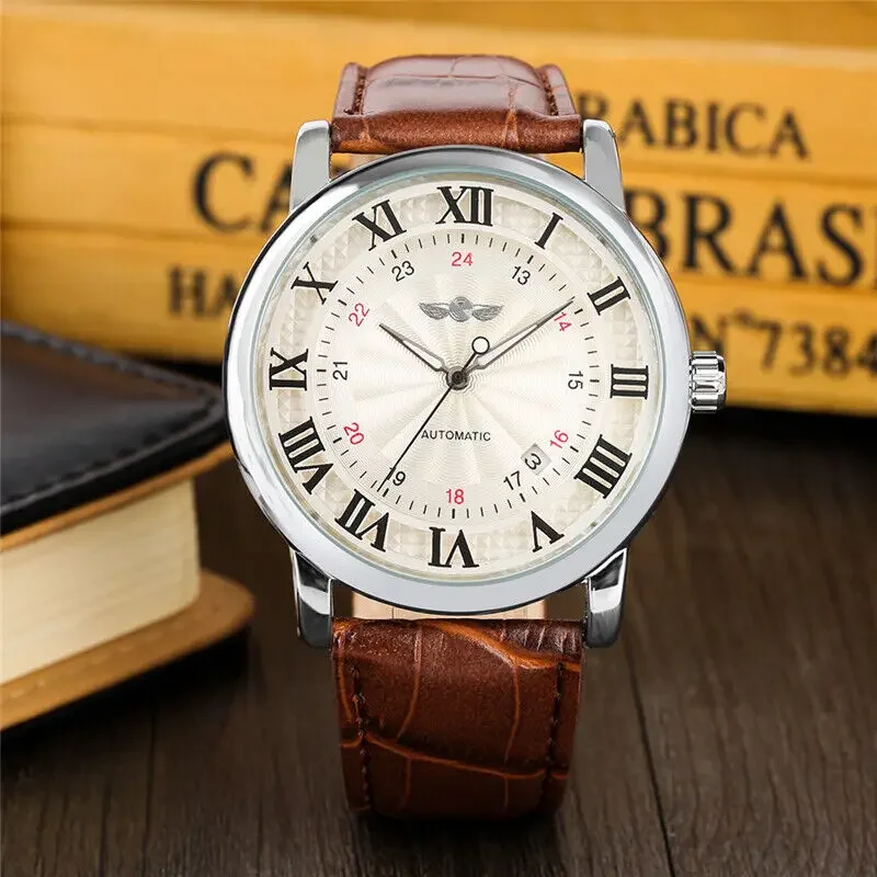 WINNER Brand Mens Self Winding Mechanical Watch Automatic Brown Leather Strap Wristwatch Nice Gift